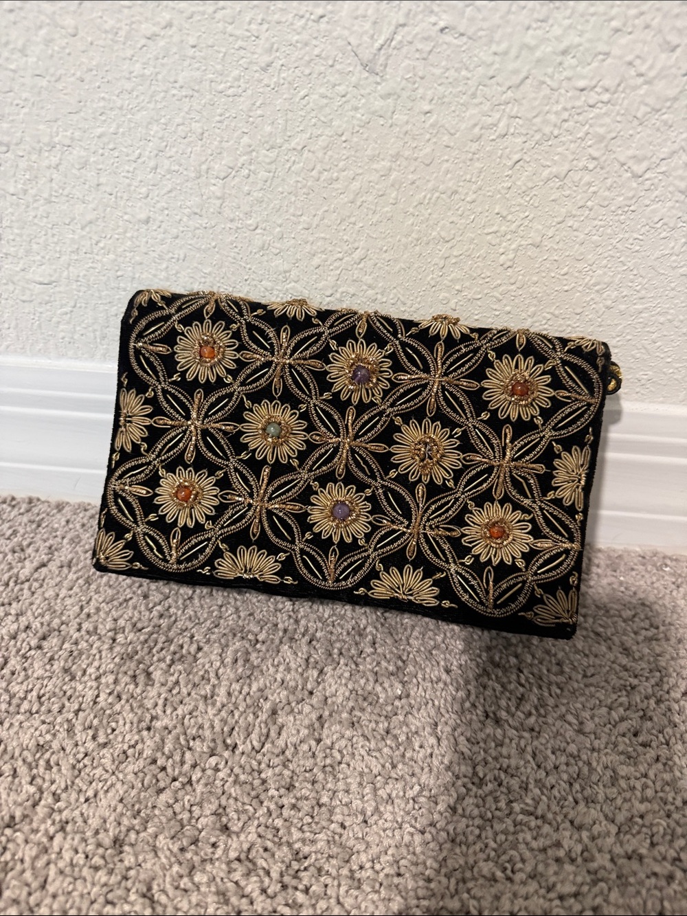 Vintage Embroidered Black Floral Evening Clutch with Multicolor Accents